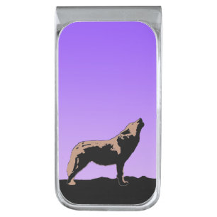 Howling Wolf at Sunset - Original Wildlife Art Silver Finish Money Clip