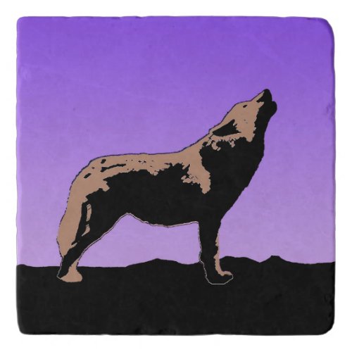 Howling Wolf at Sunset  _ Original Wildlife Art Trivet