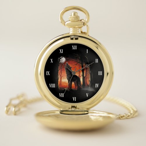 Howling Wolf at Sunset Pocket Watch