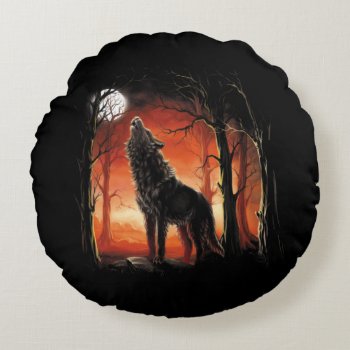 Howling Wolf At Sunset Round Pillow by FantasyPillows at Zazzle