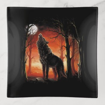 Howling Wolf At Sunset Trinket Tray by FantasyCandy at Zazzle