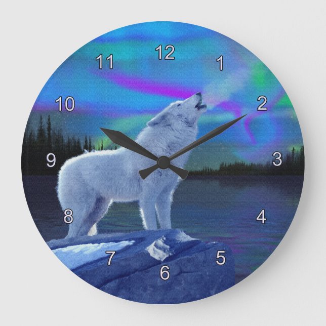 Howling Wolf & Aurora Wildlife Art Clock (Front)