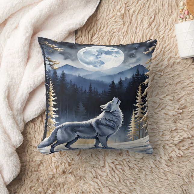 Howling Wolf Beneath a Full Moon in Winter Forest Throw Pillow (Blanket)
