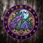 Howling Wolf Beneath Golden Moonlight Dart Board<br><div class="desc">Transform your man cave into a space that embodies the call of the wild with this breathtaking artwork of a howling purple wolf. The intricate golden accents of the moon, paired with a starry sky and lush forest below, create a scene that captures the spirit of adventure and the serenity...</div>