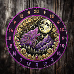 Howling Wolf Beneath Golden Moonlight Dart Board<br><div class="desc">Transform your man cave into a sanctuary for nature lovers with this mesmerizing artwork. Featuring a majestic purple wolf howling at a radiant golden moon, this piece brings the wild outdoors inside. The detailed gold accents, swirling patterns, and circular frame create a stunning centerpiece for any fishing lodge. Imagine your...</div>