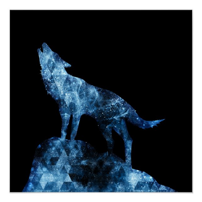 Howling Wolf blue sparkly smoke silhouette black  Poster (Front)