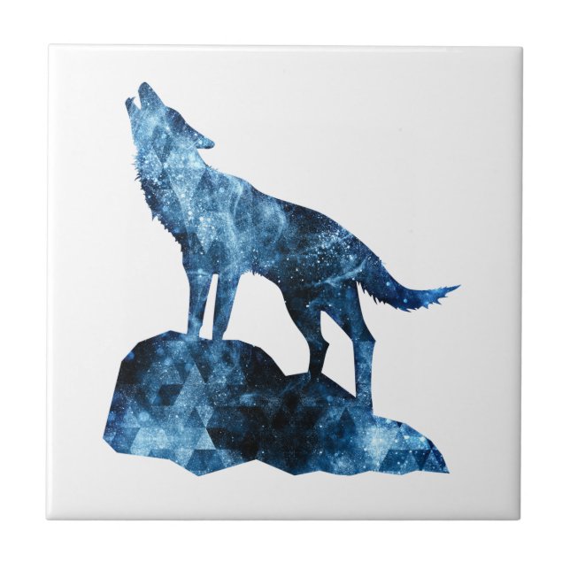 Howling Wolf blue sparkly smoke silhouette Ceramic Tile (Front)