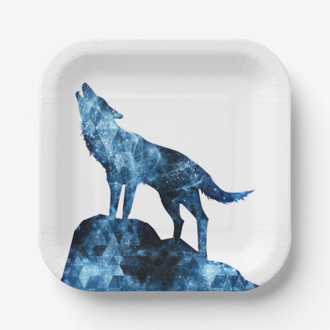 Howling Wolf blue sparkly smoke silhouette Paper Plates (Front)