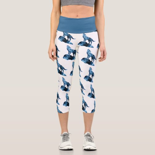 Howling Wolf blue sparkly smoke silhouette pattern Capri Leggings