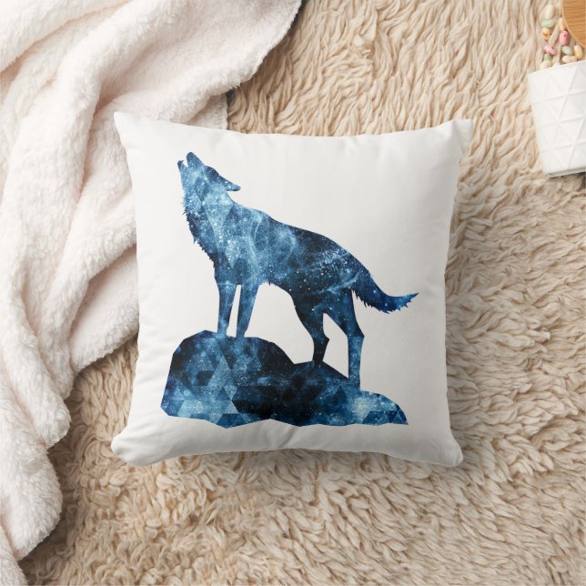 Howling Wolf blue sparkly smoke silhouette Throw Pillow (Blanket)