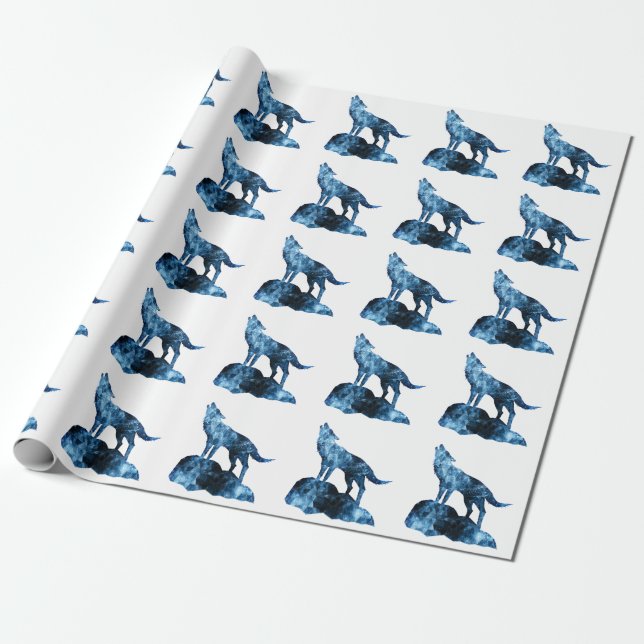 Howling Wolf blue sparkly smoke silhouette Wrapping Paper (Unrolled)