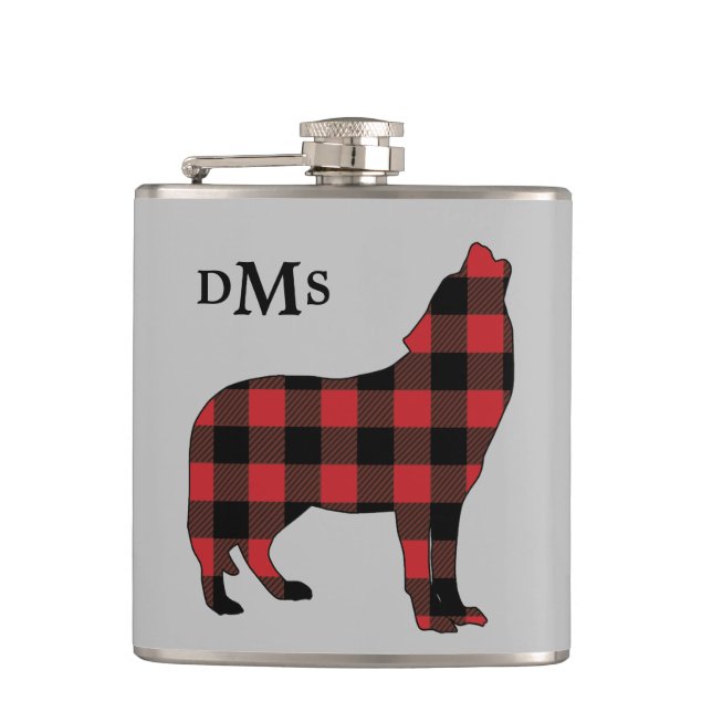 Howling Wolf Buffalo Plaid Monogram Flask (Front)