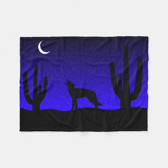 Howling Wolf Desert Night Silhouette Fleece Blanket (Front (Horizontal))