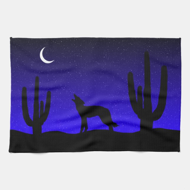 Howling Wolf Desert Night Silhouette Kitchen Towel (Horizontal)