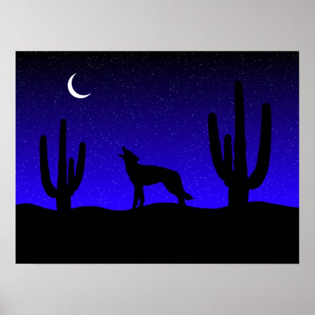 Howling Wolf Desert Night Silhouette Poster (Front)