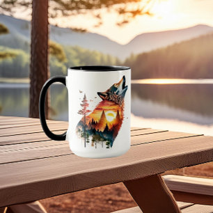 Howling wolf double exposure sunset mug