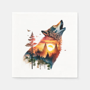 Howling wolf double exposure sunset napkins