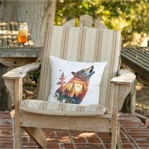 Howling wolf double exposure sunset outdoor pillow