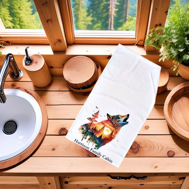 Howling wolf double exposure sunset personalized hand towel  (Creator Uploaded)