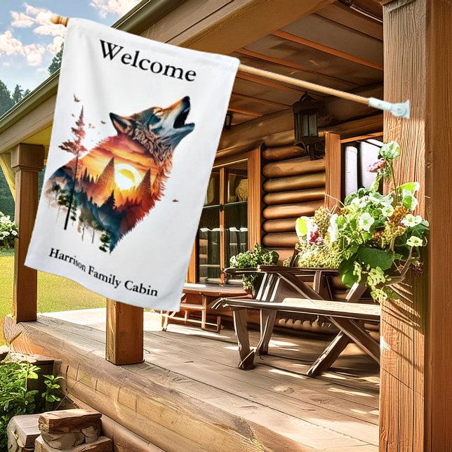 Howling wolf double exposure sunset personalized house flag (Creator Uploaded)