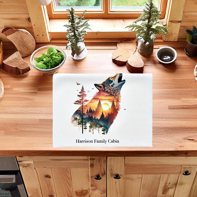 Howling wolf double exposure sunset personalized kitchen towel (Creator Uploaded)