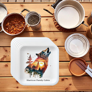 Howling wolf double exposure sunset personalized paper plates