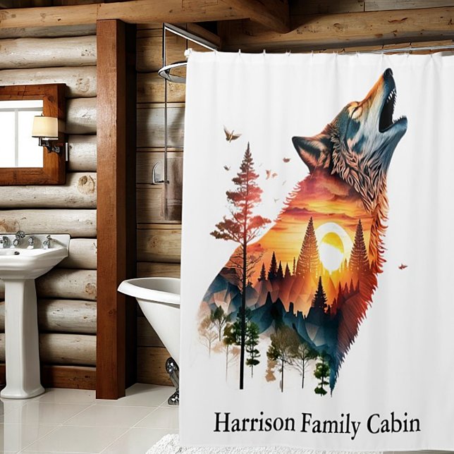 Howling wolf double exposure sunset personalized shower curtain (Creator Uploaded)