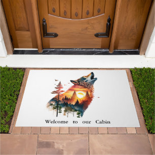 Howling wolf double exposure sunset personlized doormat