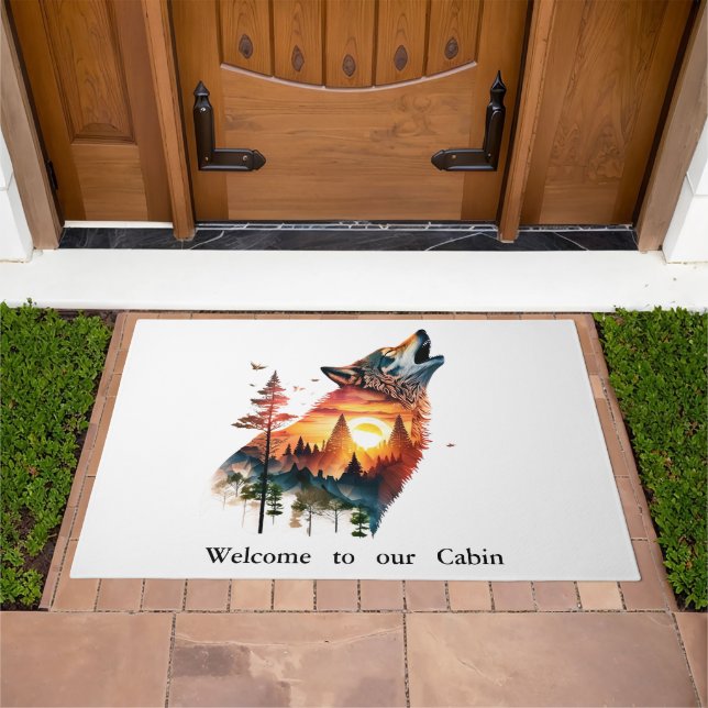 Howling wolf double exposure sunset personlized doormat (Outdoor)