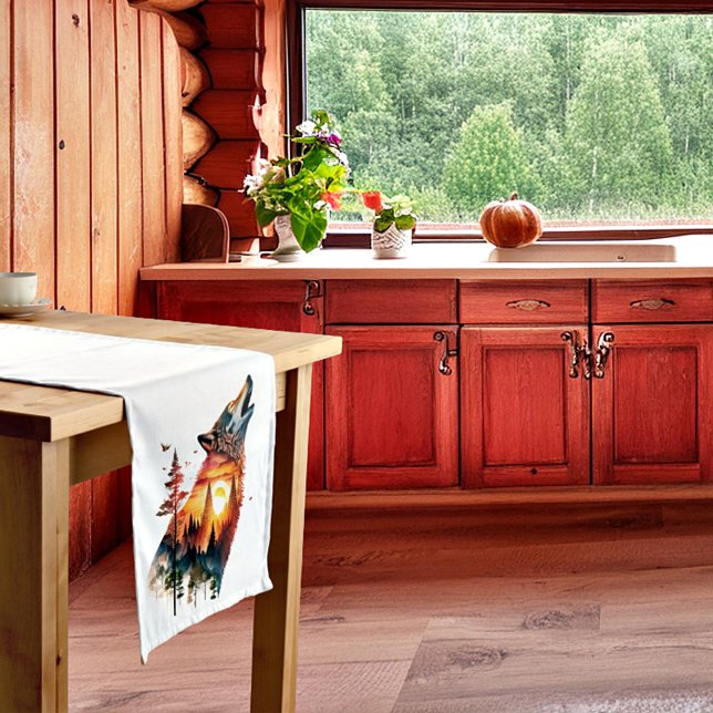 Howling wolf double exposure sunset short table runner (Creator Uploaded)