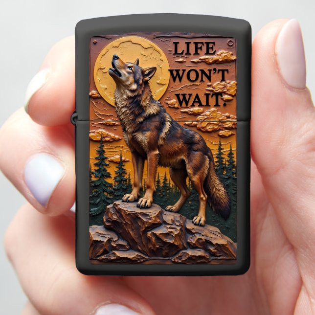 Howling Wolf Forest Motivational Moon Zippo Lighter (In Hand)
