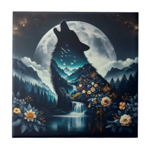 Howling Wolf   Full Moon Ai Art Ceramic Tile