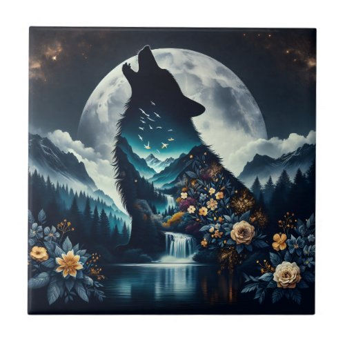 Howling Wolf  Full Moon Ai Art Ceramic Tile