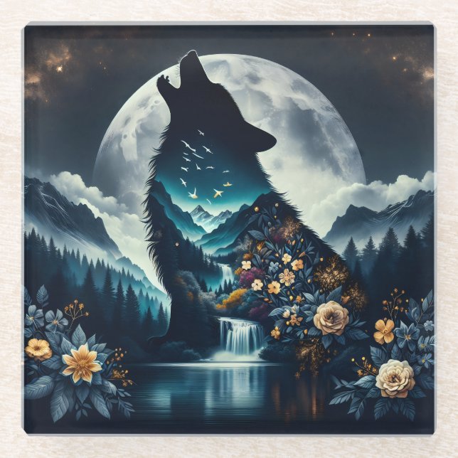 Howling Wolf | Full Moon Ai Art Glass Coaster (Front)