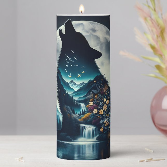 Howling Wolf | Full Moon Ai Art Pillar Candle (In Situ)