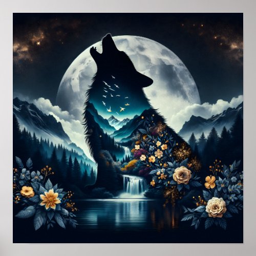 Howling Wolf  Full Moon Ai Art Poster
