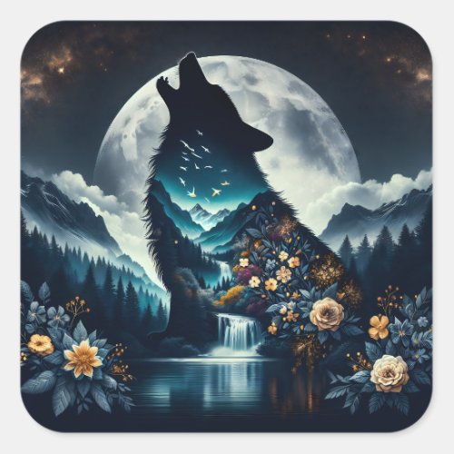 Howling Wolf  Full Moon Ai Art Square Sticker