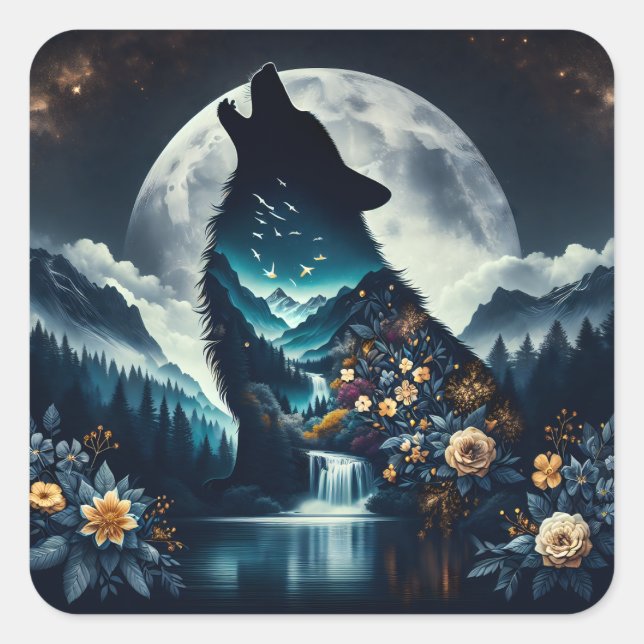 Howling Wolf | Full Moon Ai Art Square Sticker (Front)