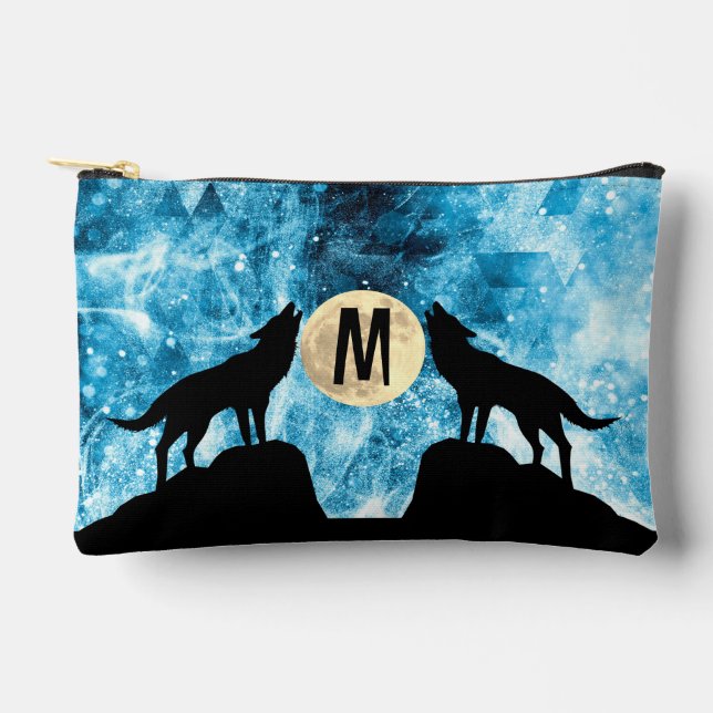 Howling Wolf Full moon blue black Custom Monogram Accessory Pouch (Front)