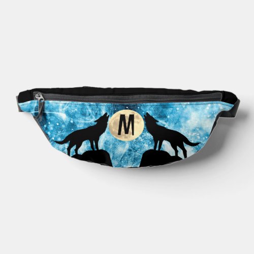 Howling Wolf Full moon blue black Custom Monogram Fanny Pack