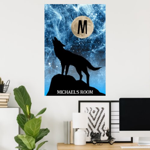 Howling Wolf full moon blue black Custom Monogram Poster