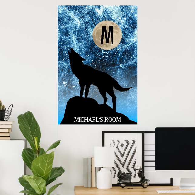 Howling Wolf full moon blue black Custom Monogram Poster (Home Office)