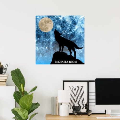 Howling Wolf full moon blue black Custom name Poster
