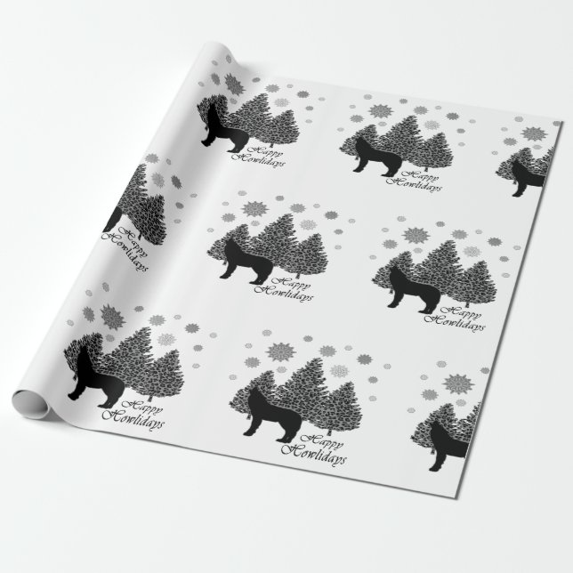 Howling Wolf Happy Howlidays Leopard Pattern Snow  Wrapping Paper (Unrolled)