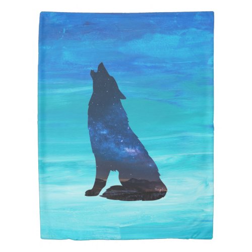 Howling Wolf Howling Dog in Double Exposure  Duvet Cover