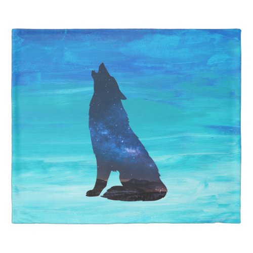 Howling Wolf Howling Dog in Double Exposure  Duvet Cover