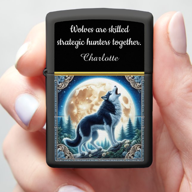 Howling Wolf in a Moonlit Forest Zippo Lighter (In Hand)