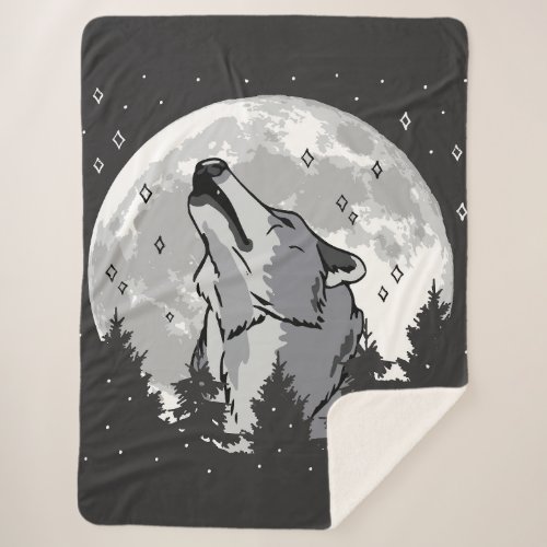 Howling wolf in full moon design sherpa blanket