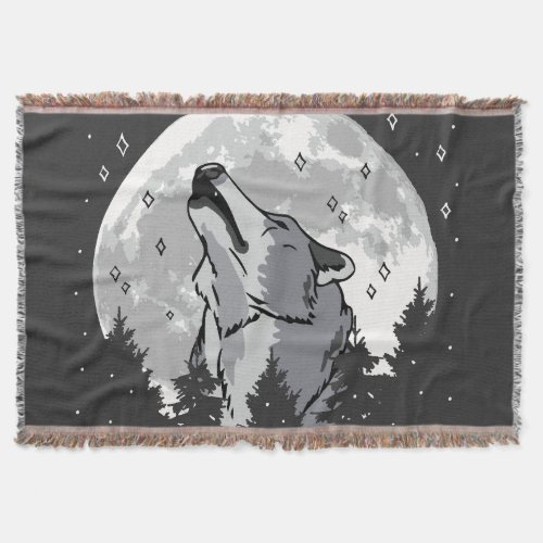 Howling wolf in full moon design throw blanket