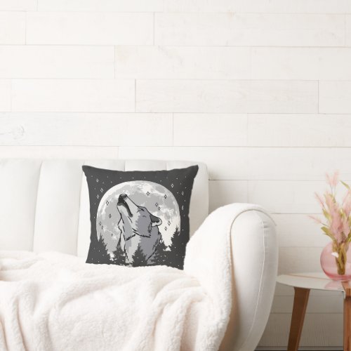 Howling wolf in full moon throw pillow design